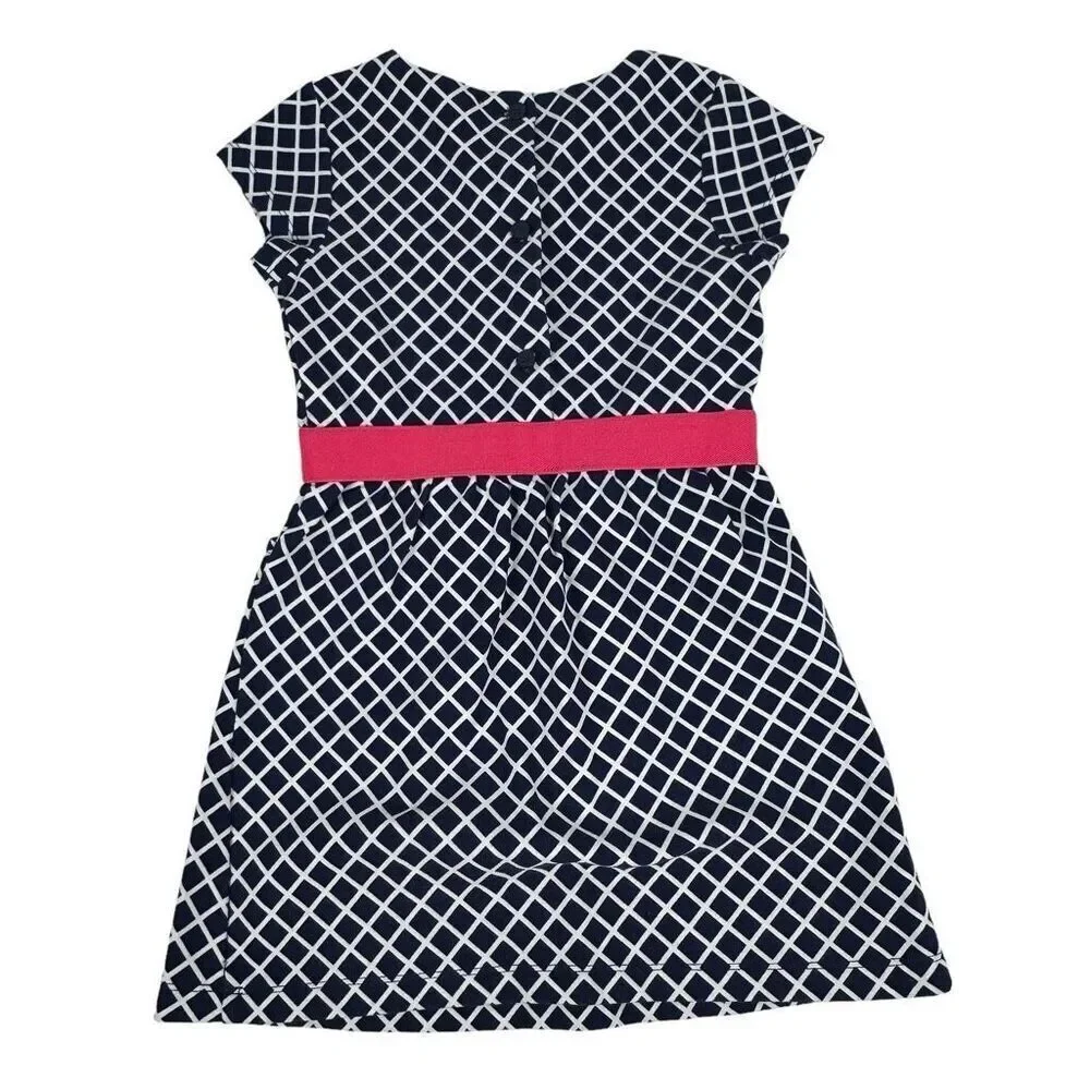 Gymboree Navy & White Print Dress size 5 with Coral waist band